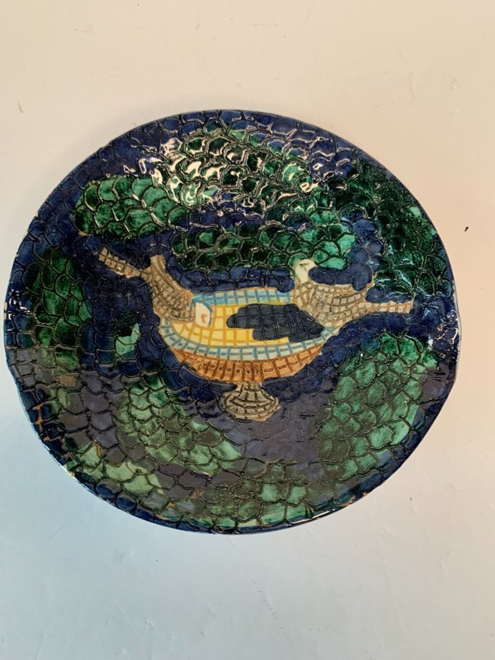 Petite Vintage Italian Faux Mosaic Pottery Decorative Bowl Vide Poche of 2 Birds